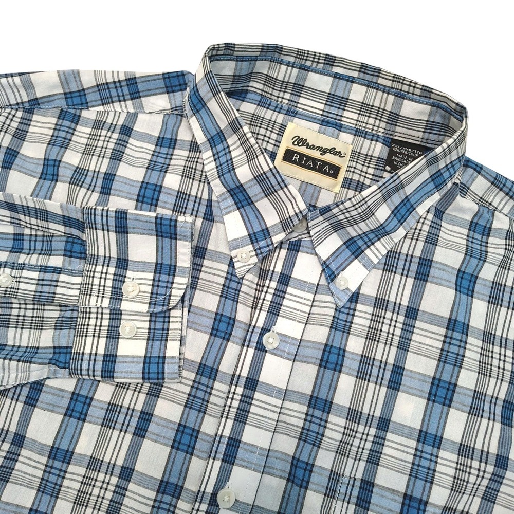 Wrangler Riata Shirt Mens XXL Blue White Plaid Workwear Western Farm Ranch